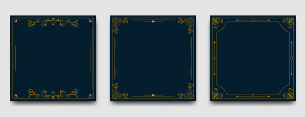 Set of Luxury square banner design template. Dark background color with line art frame. Usable for social media post, greeting card, cover, and web ads.