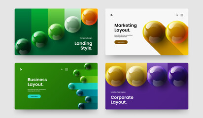 Bright web banner design vector illustration collection. Clean 3D spheres site screen concept bundle.