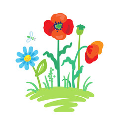 Children's drawing. Beautiful flowers in the meadow. In cartoon style. Isolated on white background. Vector flat illustration