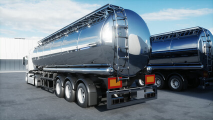 Obraz na płótnie Canvas Generic 3d model of gasoline tanker on warehouse parking. Logistic center. Delivery, transport concept. 3d rendering.