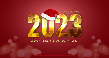 Fototapeta na wymiar 2023 happy new year design in gold number with santa hat icon between numbers