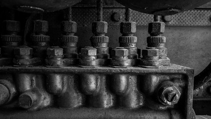 Obraz na płótnie Canvas Close up Old rusty generator engine. black and white photo