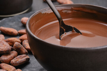Hot liquid chocolate with a spoon in a cup. Cup of molten hot chocolate confectionery, menu, recipe concept. Shallow depth of field