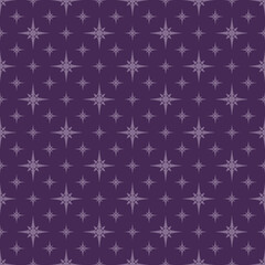 Vector geometric texture with small stars, diamonds, floral silhouettes. Abstract seamless pattern. Simple minimal background. Purple color. Subtle repeat geo design for decor, wallpaper, textile