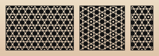Decorative panels for laser cutting. Cutout silhouette with abstract geometric pattern, hexagonal grid, lattice, mesh. Laser cut stencil for wood, metal, paper, plastic. Aspect ratio 3:2, 1:1, 1:2