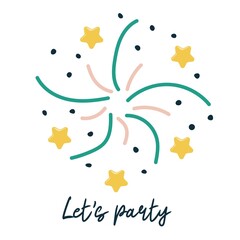 Fototapeta na wymiar Lets party. Single hand drawn color firework and confetti with stars. Doodle vector illustration