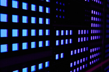 Computer wall board of blue and purple square lights