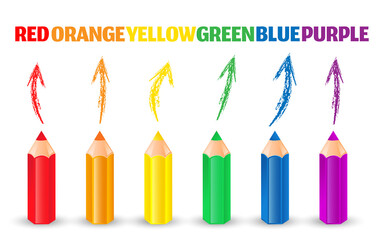 Set of vector colored pencils with arrows and color names on white background.