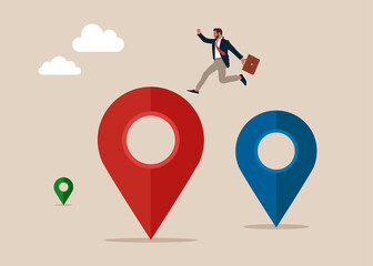 Investor company owner jumping from map navigation pin to new one metaphor of relocation. Business relocation, move office to new address or transfer to new location concept, 