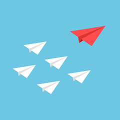 Think and being differently. Red paper plane lead white ones. Concept of leadership and teamwork. Taking risky. Vector illustration.