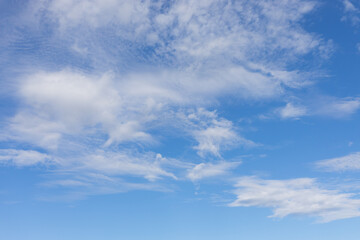 Blue sky with light weightless white clouds. Airy skyscape background