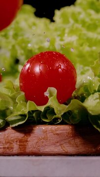 SUPER SLOW MOTION, CLOSE UP, PROBE LENS: Fresh green lettuce followed by red tomatoes fall in slow motion on black background. Falling vegetables close up. Detailed view of bouncing veggies.