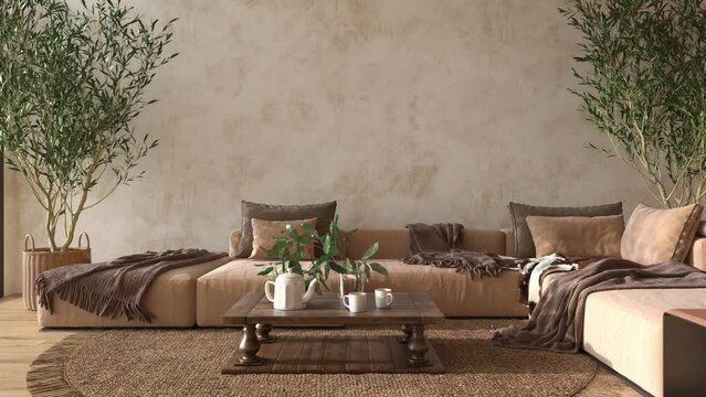 Canvas style beige living room interior with natural wooden furniture. 4K 3d render illustration video. Mock up wall.
