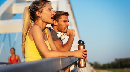 Fitness sport people running lifestyle concept. Group of young people jogging together outdoors.