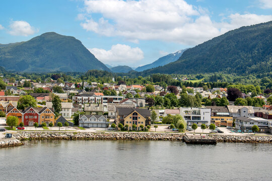 Nordfjordeid Panorama view from harbor Vestland in Norway (Norwegen, Norge or Noreg)