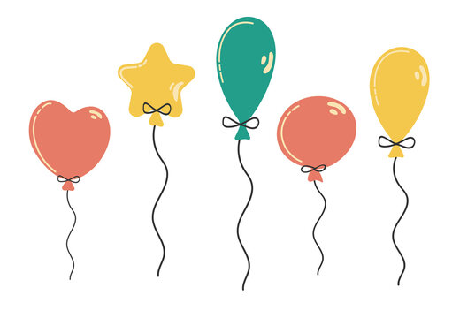 Set of different shapes colorful balloons. Hand drawn doodle collection isolated on white. Birthday Party. Vector illustration