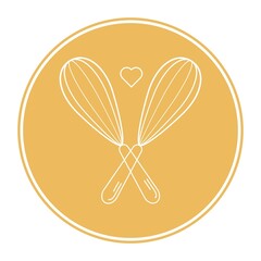 baking with wire whisk logo on white background isolated. Hand drawn isolated metal whisk. Kitchen tools. Vector engraved icon. For restaurant and cafe menu, baker shop, bread, pasty, sweets.