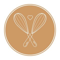 baking with wire whisk logo on white background isolated. Hand drawn isolated metal whisk. Kitchen tools. Vector engraved icon. For restaurant and cafe menu, baker shop, bread, pasty, sweets.