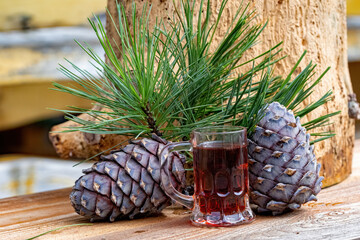 a glass swiss stone pine schnapps, cones and twigs from the swiss stone pine or arolla on a wood...