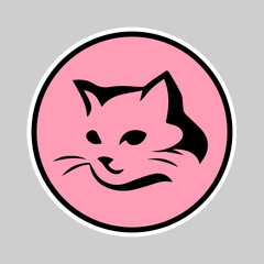 Cute little kitten on the pink circle background as sticker for web design. Lovely cat sticker for design websites, applications or social network communication. 