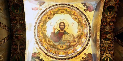 Mosaic of Christ Pantocrator under the central dome. Temple of the Assumption. Saint Petersburg.