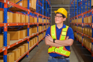 Portrait of young asian male worker wearing helmet in modern warehouse storage of retail shop