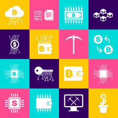 Set Bitcoin plant in the pot, Processor, Cryptocurrency exchange, bitcoin with circuit, wallet and icon. Vector