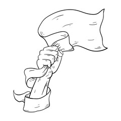 sketch of a hand holding a flag. Vector line art.