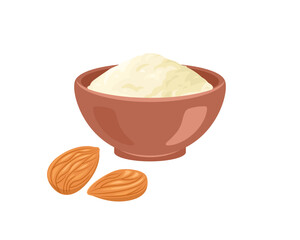 Almond flour in bowl and nuts. Vector cartoon flat illustration of healthy food.