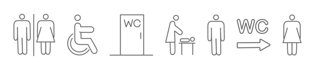 A set of toilet navigation icons. Wayfinding wc female male for disabled and mother and child room. Vector illustration