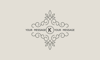 Luxury logo design for fashion, jewelry, hotel, resort, restaurant, corporate identity. Sophisticated ornament with letter K and place for text