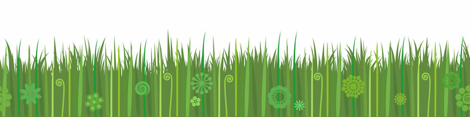 Decorative green grass seamless border isolated on white background. Vector illustration.
