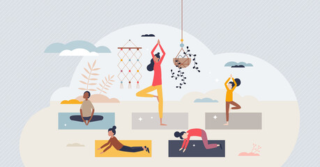 Diverse children meditating indoors with stretching tiny person concept. Teacher helps multiracial kids group to be active, healthy and happy with body yoga and fitness elements vector illustration.