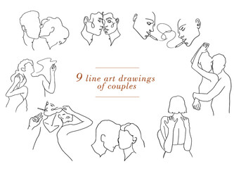 Continuous one drawn single line of romantic kiss of two lovers, newlyweds, young people. Loving couples embracing and kissing, valentines day, women and men in love. Heads of kissing