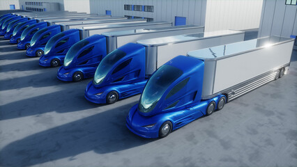Futuristic electrick trucks on warehouse parking. Logistic center. Delivery, transport concept. 3d rendering.