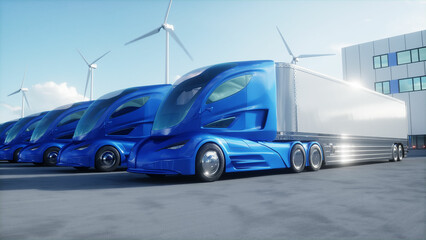 Futuristic electrick trucks on warehouse parking. Logistic center. Delivery, transport concept. 3d rendering.
