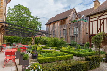 Beautiful garden and terrace of restaurant in medieval old town of Troyes Grand Est region of...