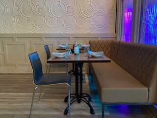 table and chairs in cafe