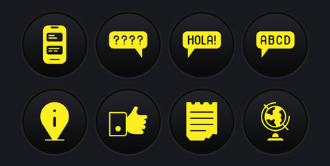 Set Information, Alphabet, Hand like, Notebook, Hola in different languages, Speech bubbles with Question, Earth globe and Online translator icon. Vector © vector_v