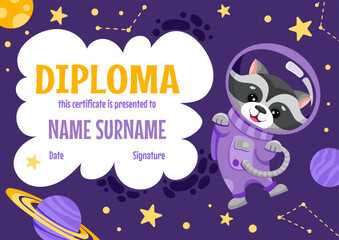 School diploma, certificate template with cute raccoon astronaut in space suit for kids in kindergarten or primary grades. Cartoon vector illustration with galaxy animals
