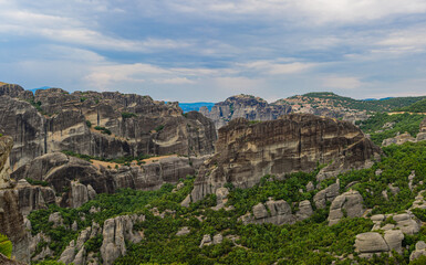 View of the Meteora rocky landscape in Greece.