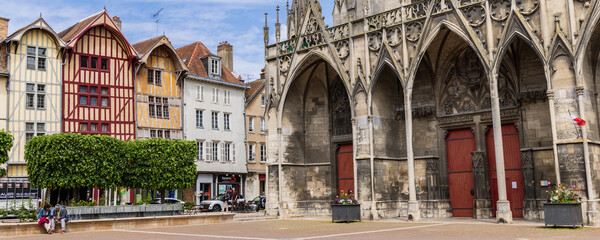 Troyes, France - May 5, 2022: Square in front of Baselique Saint-Urbain in medieval old town in Troyes Grand Est region of northeastern France