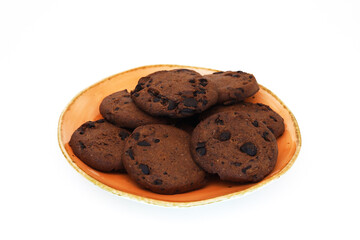 Cookies with chocolate chips on a white background. Shallow depth of field