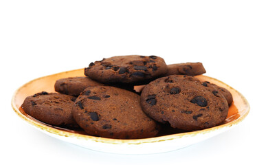 Cookies with chocolate chips on a white background. Shallow depth of field