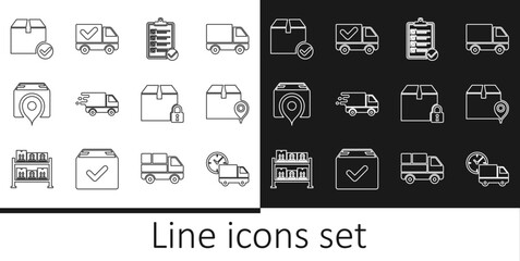 Set line Delivery truck and clock, Location with cardboard box, Verification of delivery list, in movement, Package check mark, Locked package and icon. Vector