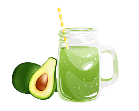 Avocado smoothie in a glass jar.Refreshing drink with straw and avocado.Vector illustration on a white background.