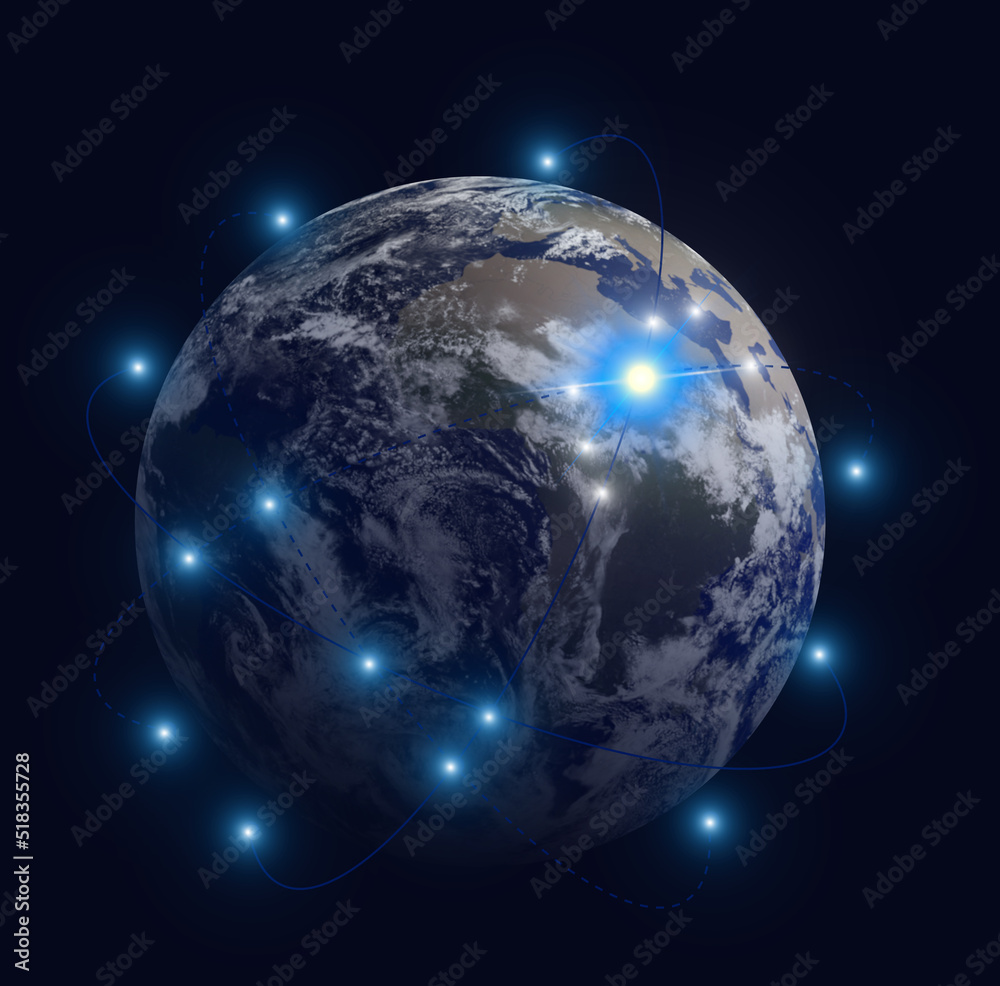 Wall mural internet technology concept. earth and network connection lines in space