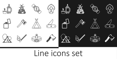 Set line Old wooden axe, Swiss army knife, Compass, Wooden, Lighter, Thermos container, Tourist tent and Campfire icon. Vector
