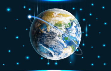 Internet technology concept. Earth surrounded by satellites for network connection lines in space