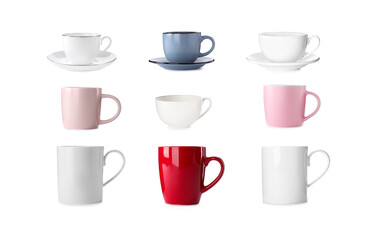 Set with different beautiful cups on white background